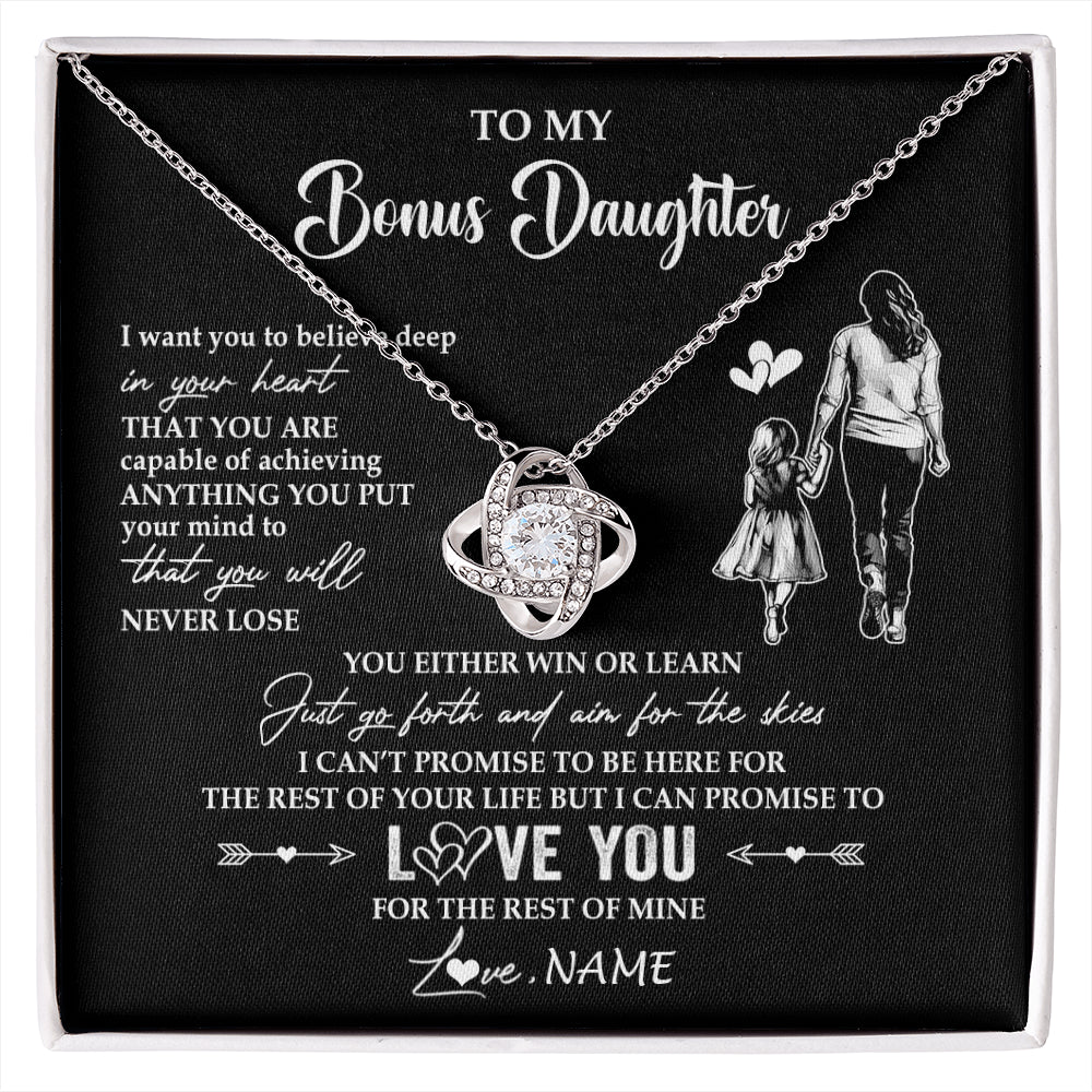 Love Knot Necklace 14K White Gold Finish | 1 | Personalized To My Bonus Daughter Necklace You Will Never Lose From Stepmother Stepdaughter Birthday Gifts Graduation Christmas Gift Box Message Card | siriusteestore
