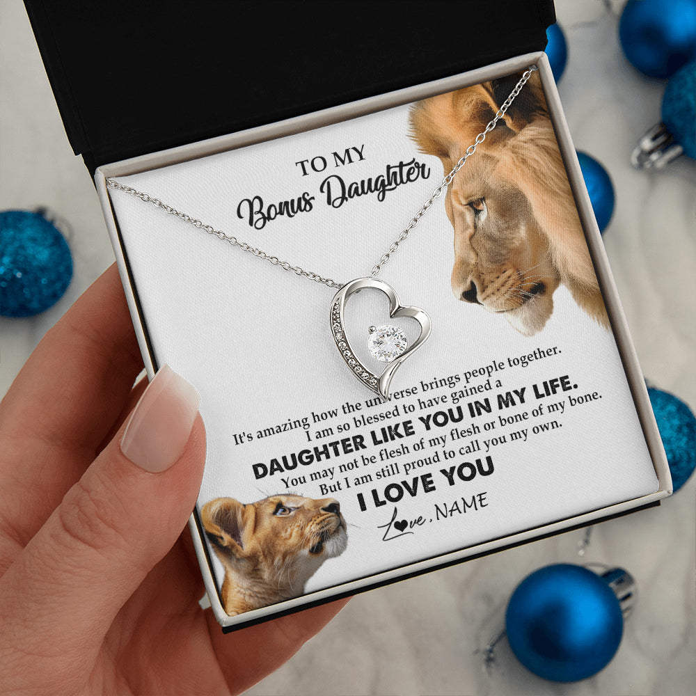 Forever Love Necklace 14K White Gold Finish | 2 | Personalized To My Bonus Daughter Necklace from Stepdad Lion I Love You Stepchild Adopted Daughter Birthday Christmas Customized Gift Box Message Card | siriusteestore