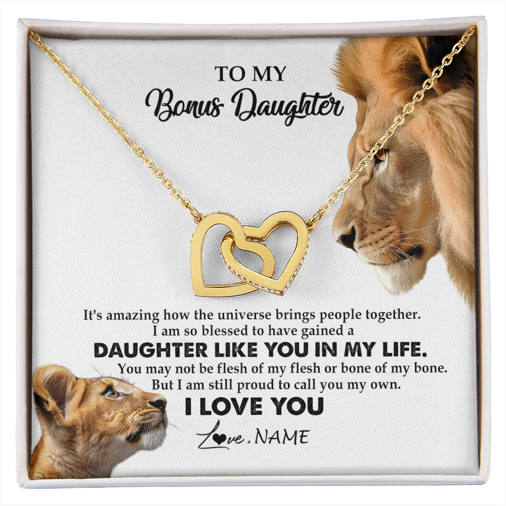 Interlocking Hearts Necklace 18K Yellow Gold Finish | 1 | Personalized To My Bonus Daughter Necklace from Stepdad Lion I Love You Stepchild Adopted Daughter Birthday Christmas Customized Gift Box Message Card | siriusteestore