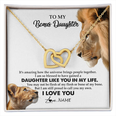 Interlocking Hearts Necklace 18K Yellow Gold Finish | 1 | Personalized To My Bonus Daughter Necklace from Stepdad Lion I Love You Stepchild Adopted Daughter Birthday Christmas Customized Gift Box Message Card | siriusteestore