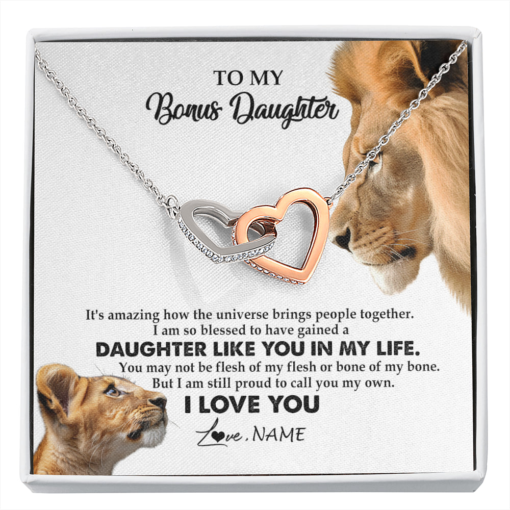 Interlocking Hearts Necklace Stainless Steel & Rose Gold Finish | 1 | Personalized To My Bonus Daughter Necklace from Stepdad Lion I Love You Stepchild Adopted Daughter Birthday Christmas Customized Gift Box Message Card | siriusteestore