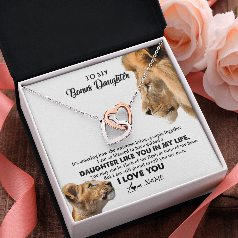 Interlocking Hearts Necklace Stainless Steel & Rose Gold Finish | 2 | Personalized To My Bonus Daughter Necklace from Stepdad Lion I Love You Stepchild Adopted Daughter Birthday Christmas Customized Gift Box Message Card | siriusteestore