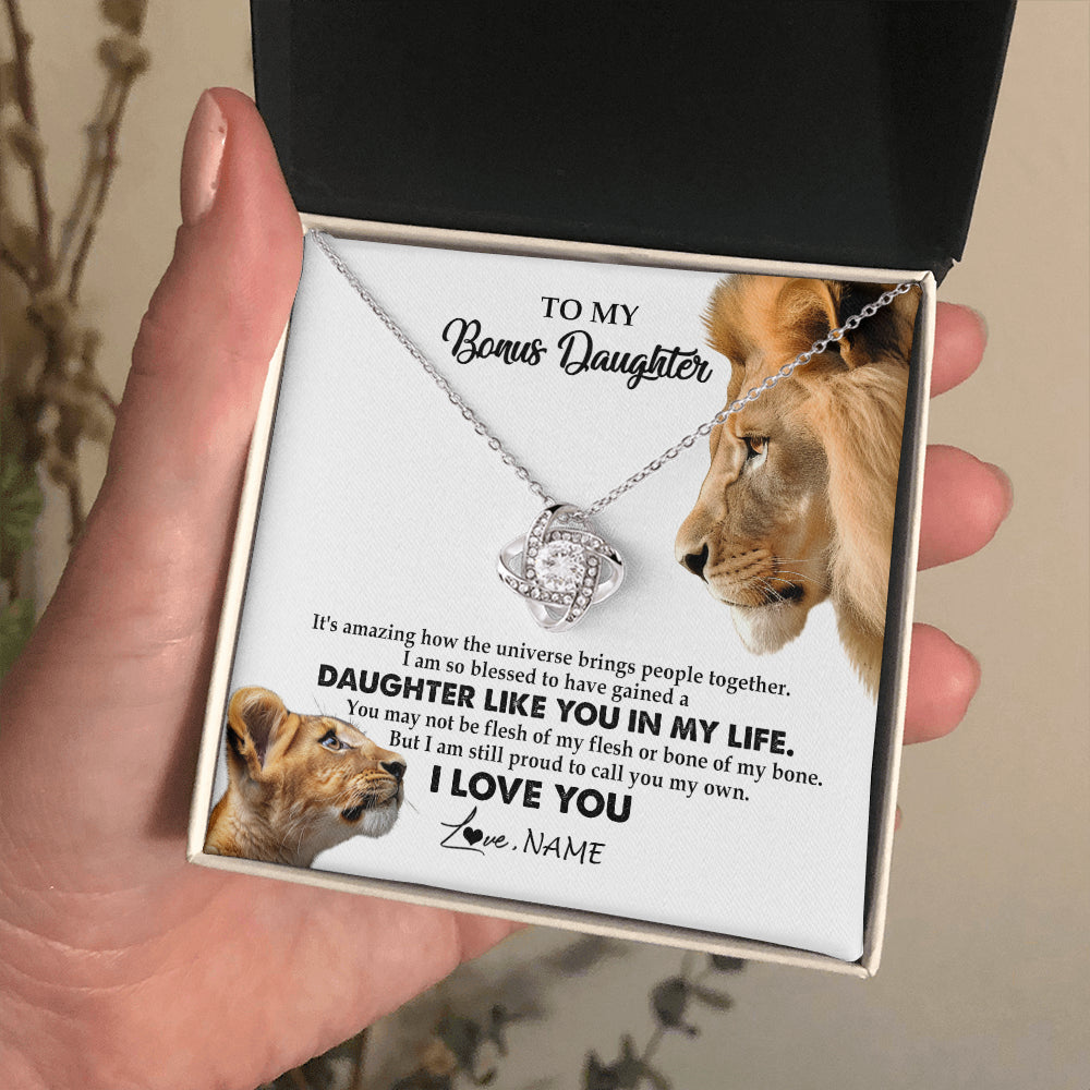 Love Knot Necklace 14K White Gold Finish | 2 | Personalized To My Bonus Daughter Necklace from Stepdad Lion I Love You Stepchild Adopted Daughter Birthday Christmas Customized Gift Box Message Card | siriusteestore