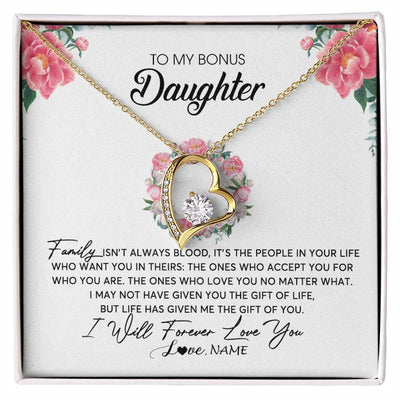 Forever Love Necklace 18K Yellow Gold Finish | Personalized To My Bonus Daughter Necklace from Stepmom Family Isn't Always Blood Step Daughter Jewelry Birthday Christmas Customized Gift Box Message Card | siriusteestore