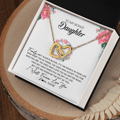 Interlocking Hearts Necklace 18K Yellow Gold Finish | Personalized To My Bonus Daughter Necklace from Stepmom Family Isn't Always Blood Step Daughter Jewelry Birthday Christmas Customized Gift Box Message Card | siriusteestore