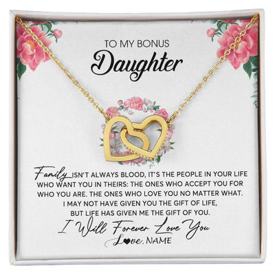 Interlocking Hearts Necklace 18K Yellow Gold Finish | Personalized To My Bonus Daughter Necklace from Stepmom Family Isn't Always Blood Step Daughter Jewelry Birthday Christmas Customized Gift Box Message Card | siriusteestore