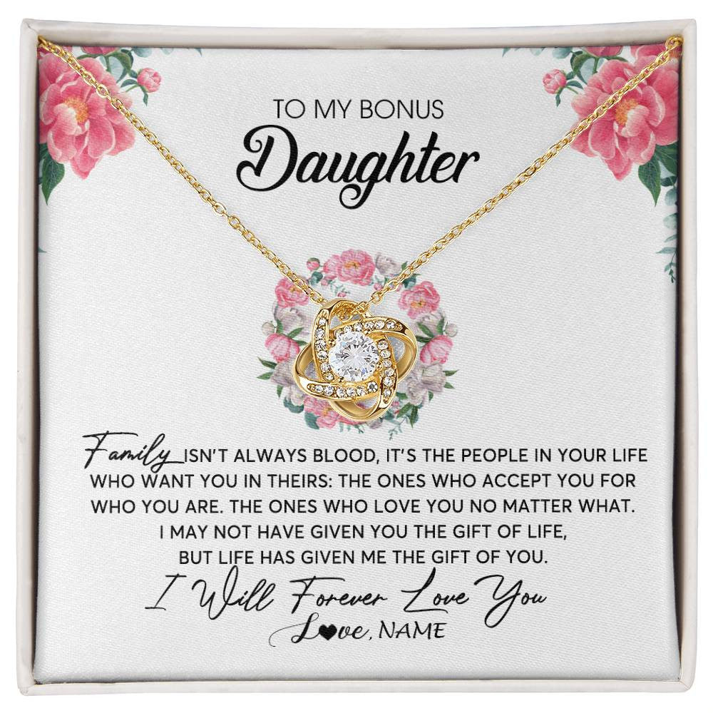 Love Knot Necklace 18K Yellow Gold Finish | Personalized To My Bonus Daughter Necklace from Stepmom Family Isn't Always Blood Step Daughter Jewelry Birthday Christmas Customized Gift Box Message Card | siriusteestore