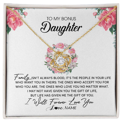 Love Knot Necklace 18K Yellow Gold Finish | Personalized To My Bonus Daughter Necklace from Stepmom Family Isn't Always Blood Step Daughter Jewelry Birthday Christmas Customized Gift Box Message Card | siriusteestore