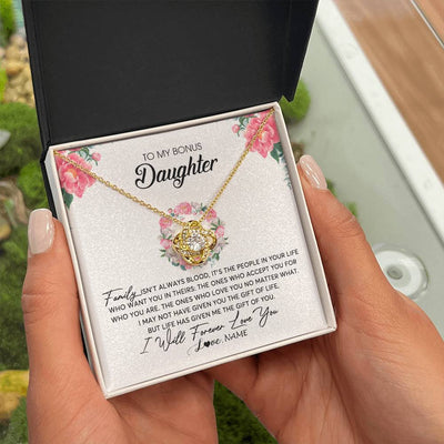 Love Knot Necklace 18K Yellow Gold Finish | Personalized To My Bonus Daughter Necklace from Stepmom Family Isn't Always Blood Step Daughter Jewelry Birthday Christmas Customized Gift Box Message Card | siriusteestore