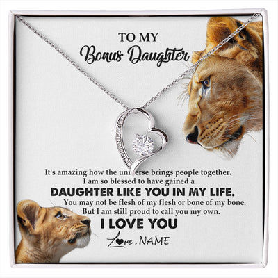 Forever Love Necklace 14K White Gold Finish | 1 | Personalized To My Bonus Daughter Necklace from Stepmom Lion I Love You Stepchild Adopted Daughter Birthday Christmas Customized Gift Box Message Card | siriusteestore
