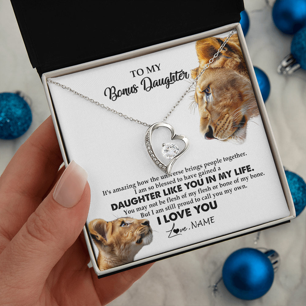 Forever Love Necklace 14K White Gold Finish | 2 | Personalized To My Bonus Daughter Necklace from Stepmom Lion I Love You Stepchild Adopted Daughter Birthday Christmas Customized Gift Box Message Card | siriusteestore