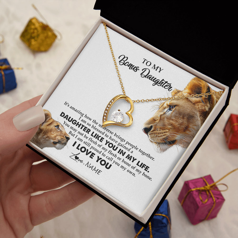 Forever Love Necklace 18K Yellow Gold Finish | 2 | Personalized To My Bonus Daughter Necklace from Stepmom Lion I Love You Stepchild Adopted Daughter Birthday Christmas Customized Gift Box Message Card | siriusteestore