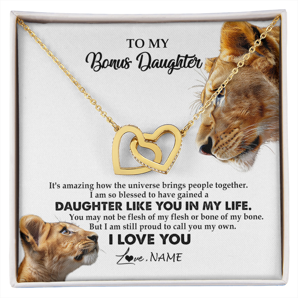 Interlocking Hearts Necklace 18K Yellow Gold Finish | 1 | Personalized To My Bonus Daughter Necklace from Stepmom Lion I Love You Stepchild Adopted Daughter Birthday Christmas Customized Gift Box Message Card | siriusteestore