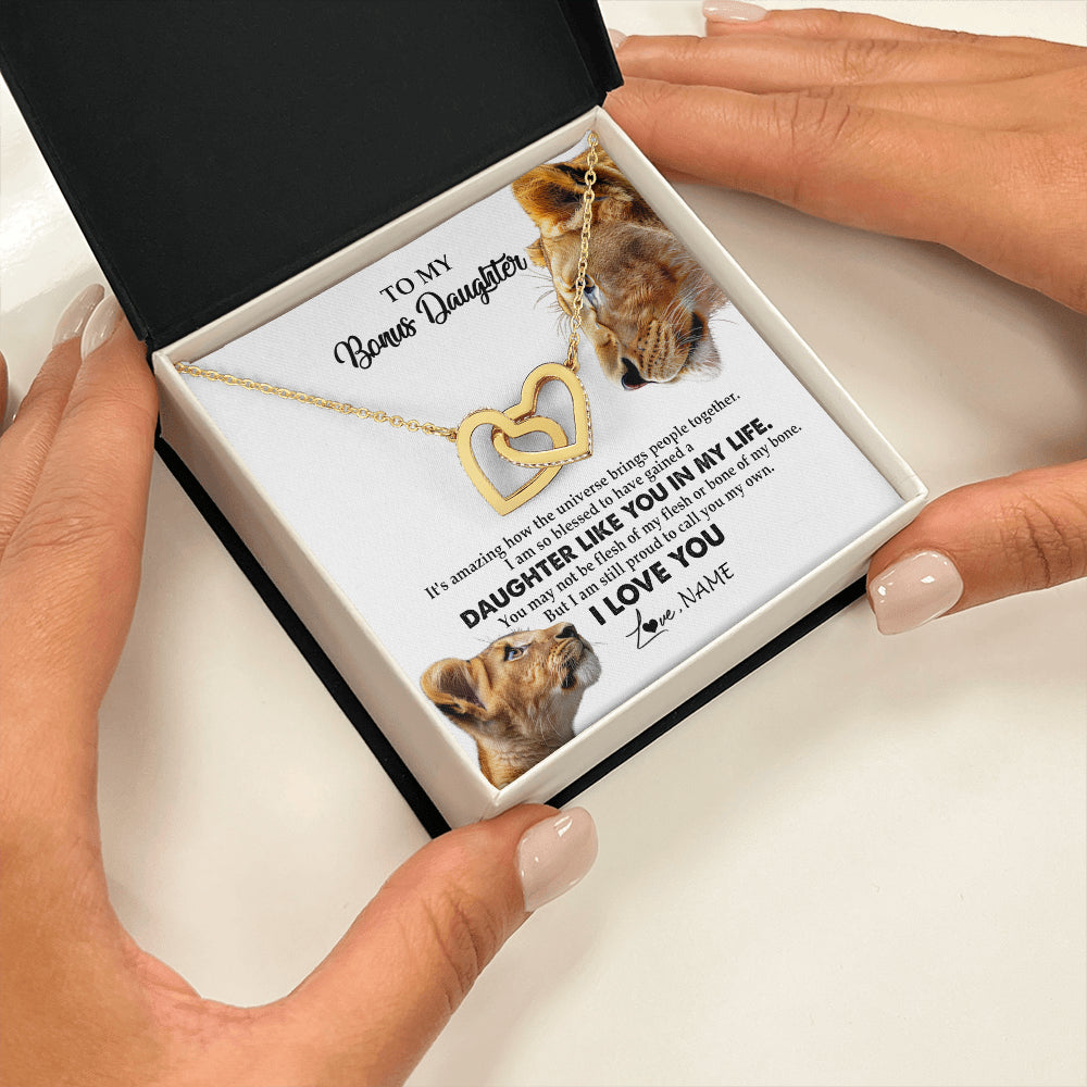 Interlocking Hearts Necklace 18K Yellow Gold Finish | 2 | Personalized To My Bonus Daughter Necklace from Stepmom Lion I Love You Stepchild Adopted Daughter Birthday Christmas Customized Gift Box Message Card | siriusteestore