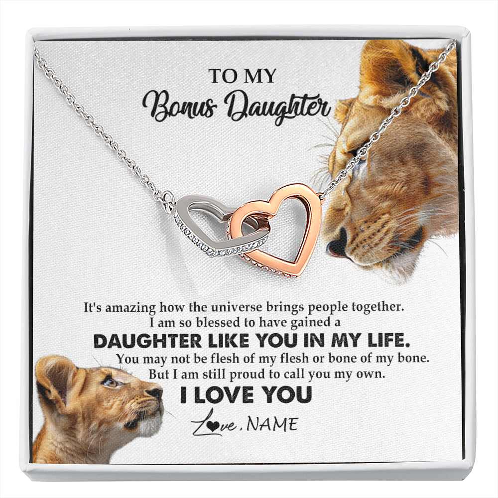 Interlocking Hearts Necklace Stainless Steel & Rose Gold Finish | 1 | Personalized To My Bonus Daughter Necklace from Stepmom Lion I Love You Stepchild Adopted Daughter Birthday Christmas Customized Gift Box Message Card | siriusteestore