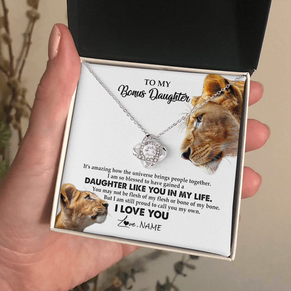 Love Knot Necklace 14K White Gold Finish | 2 | Personalized To My Bonus Daughter Necklace from Stepmom Lion I Love You Stepchild Adopted Daughter Birthday Christmas Customized Gift Box Message Card | siriusteestore