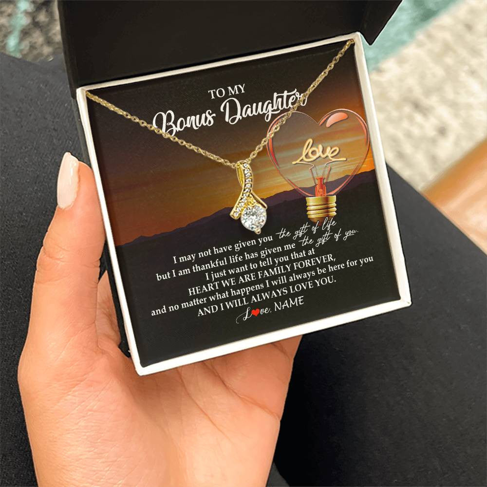 Alluring Beauty Necklace 18K Yellow Gold Finish | Personalized To My Bonus Daughter Necklace from Stepmom Stepdad I Will Always Love You Stepdaughter Jewelry Birthday Wedding Christmas Customized Message Card | siriusteestore