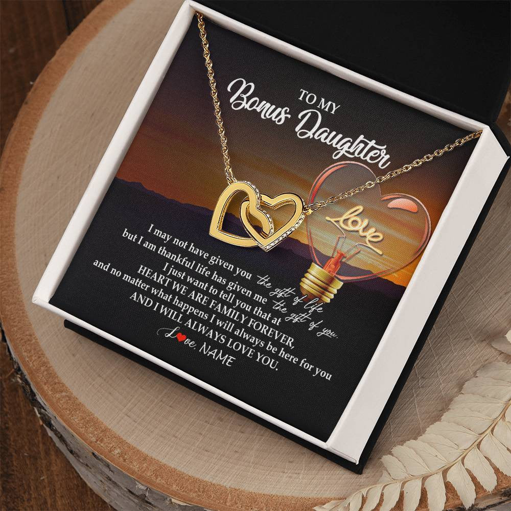Interlocking Hearts Necklace 18K Yellow Gold Finish | Personalized To My Bonus Daughter Necklace from Stepmom Stepdad I Will Always Love You Stepdaughter Jewelry Birthday Wedding Christmas Customized Message Card | siriusteestore