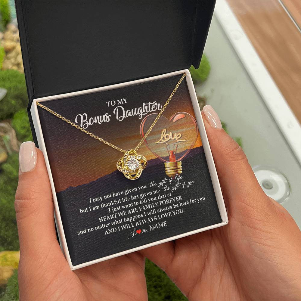 Love Knot Necklace 18K Yellow Gold Finish | Personalized To My Bonus Daughter Necklace from Stepmom Stepdad I Will Always Love You Stepdaughter Jewelry Birthday Wedding Christmas Customized Message Card | siriusteestore