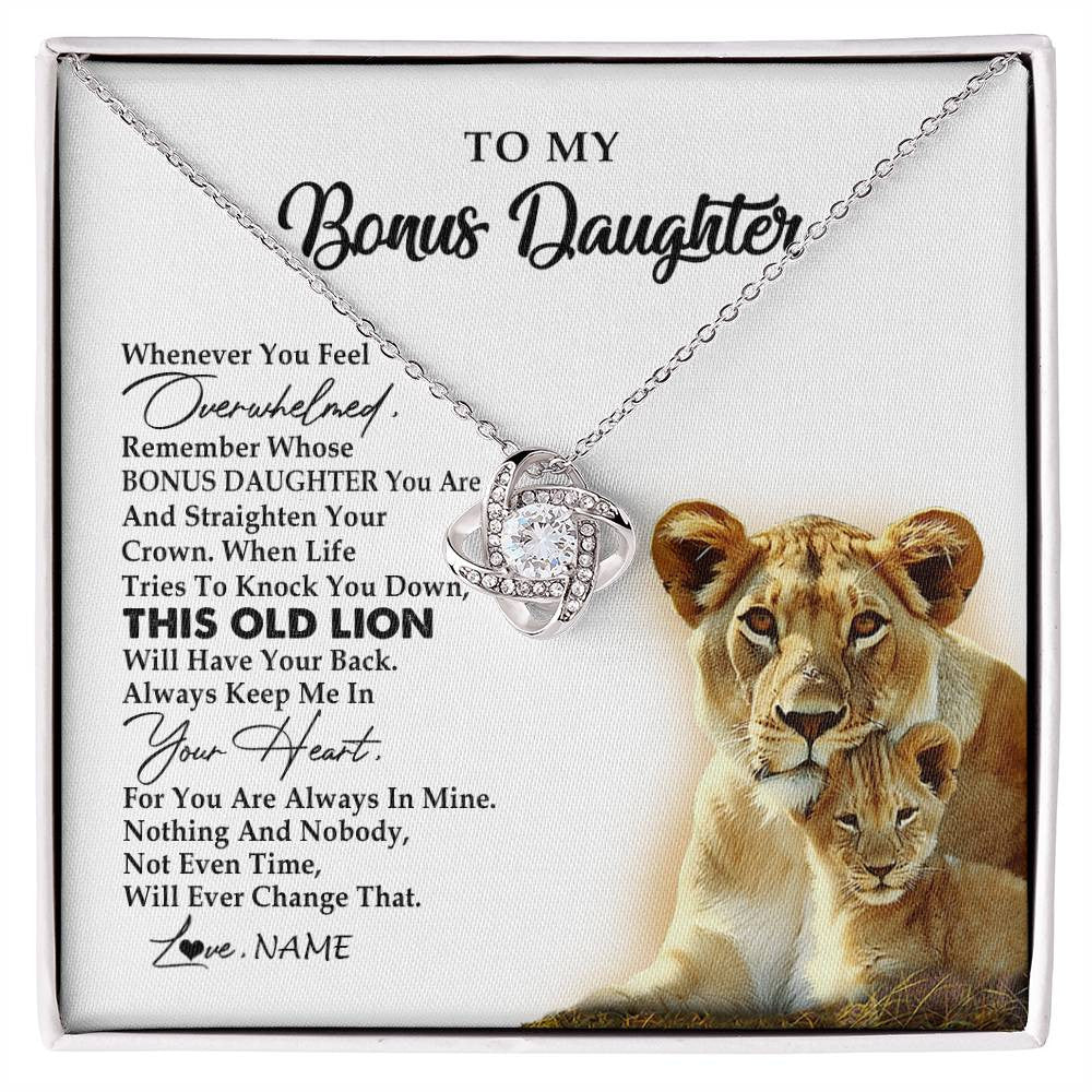 Love Knot Necklace 14K White Gold Finish | 1 | Personalized To My Bonus Daughter Necklace from Stepmom Whenever You Fell Overwhelmed Lion Stepdaughter Birthday Christmas Customized Gift Box Message Card | siriusteestore