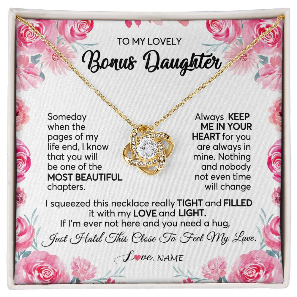 Love Knot Necklace 18K Yellow Gold Finish | 1 | Personalized To My Bonus Daughter Necklace from Stepmother Always Keep Me in Your Heart Stepdaughter Birthday Christmas Customized Gift Box Message Card | siriusteestore