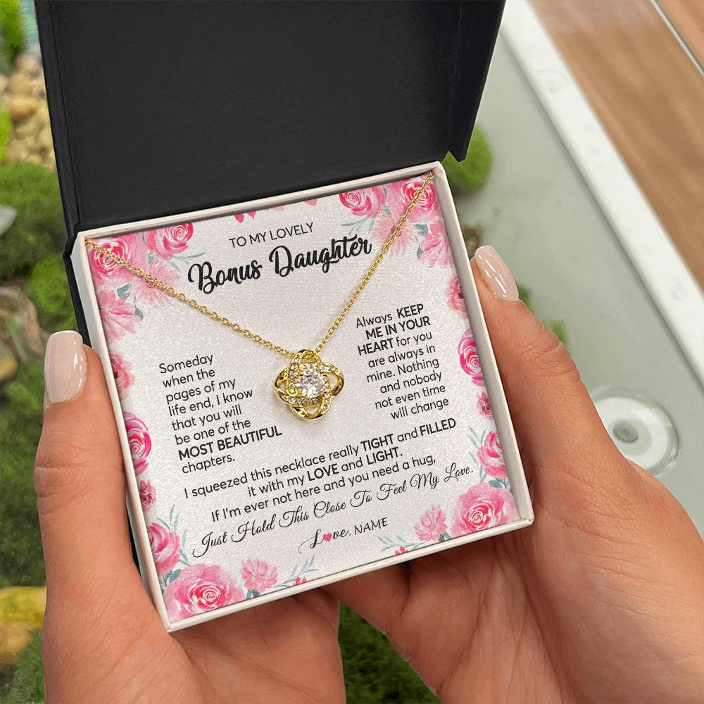Love Knot Necklace 18K Yellow Gold Finish | 2 | Personalized To My Bonus Daughter Necklace from Stepmother Always Keep Me in Your Heart Stepdaughter Birthday Christmas Customized Gift Box Message Card | siriusteestore