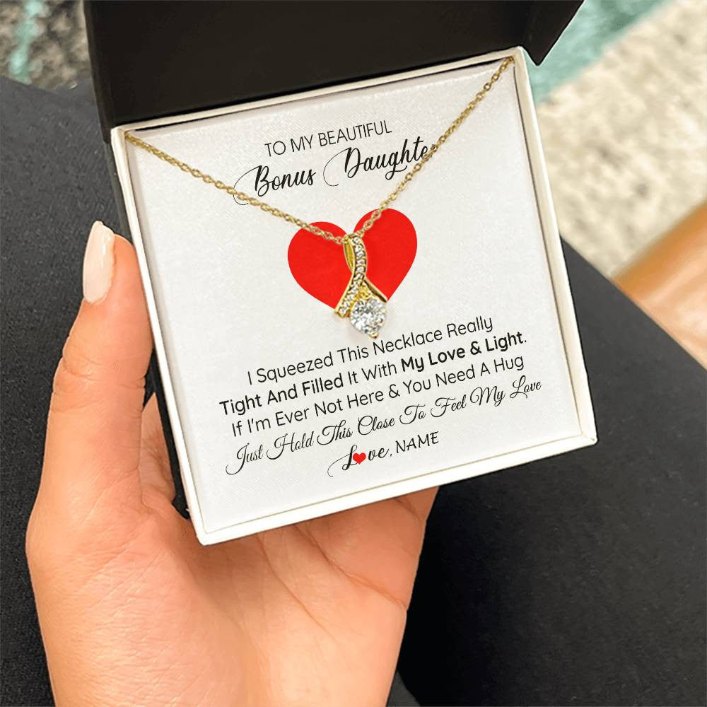 Alluring Beauty Necklace 18K Yellow Gold Finish | 2 | Personalized To My Bonus Daughter Necklace from Stepmother I Squeezed This Necklace Stepdaughter Birthday Graduation Christmas Customized Gift Box Message Card | siriusteestore