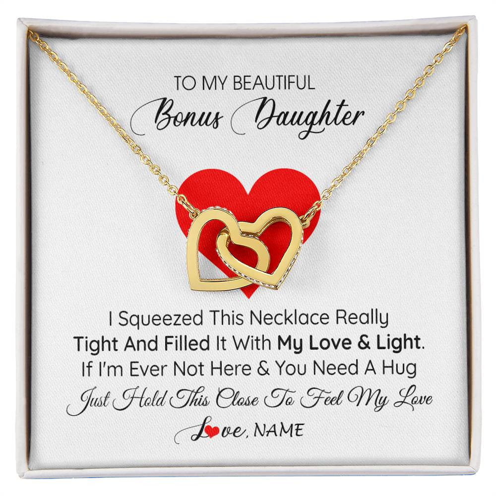 Interlocking Hearts Necklace 18K Yellow Gold Finish | 1 | Personalized To My Bonus Daughter Necklace from Stepmother I Squeezed This Necklace Stepdaughter Birthday Graduation Christmas Customized Gift Box Message Card | siriusteestore