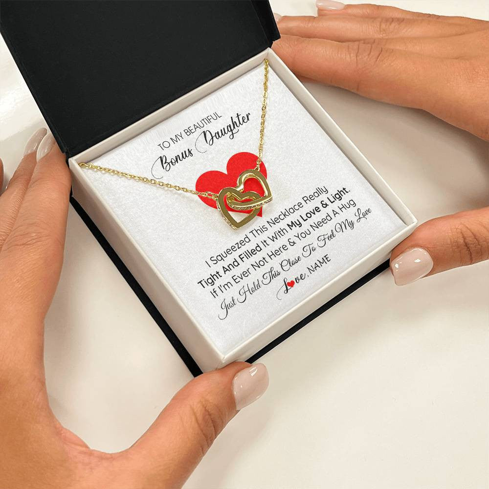 Interlocking Hearts Necklace 18K Yellow Gold Finish | 2 | Personalized To My Bonus Daughter Necklace from Stepmother I Squeezed This Necklace Stepdaughter Birthday Graduation Christmas Customized Gift Box Message Card | siriusteestore