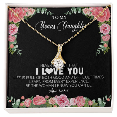 Alluring Beauty Necklace 18K Yellow Gold Finish | Personalized To My Bonus Daughter Necklace from Stepmother Never Forget I Love You Floral Jewelry for Stepdaughter Birthday Christmas Customized Message Card | siriusteestore