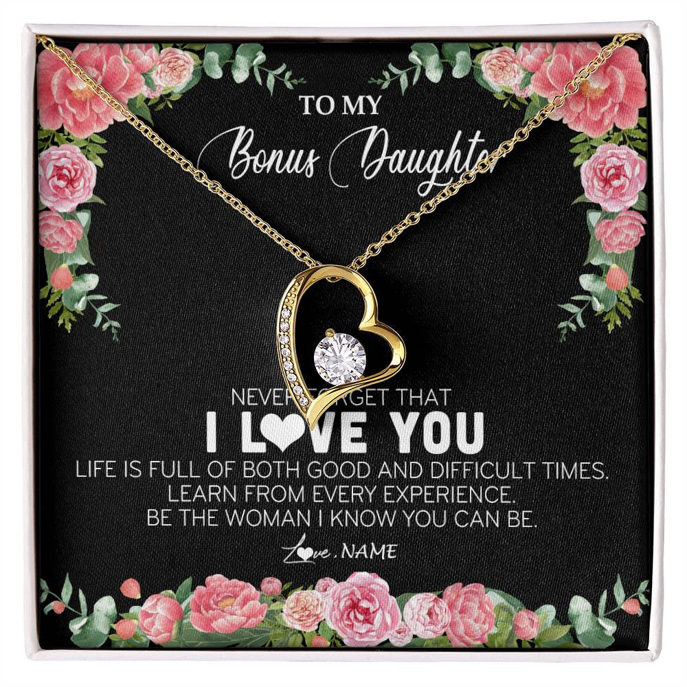 Forever Love Necklace 18K Yellow Gold Finish | Personalized To My Bonus Daughter Necklace from Stepmother Never Forget I Love You Floral Jewelry for Stepdaughter Birthday Christmas Customized Message Card | siriusteestore