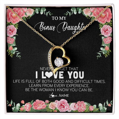 Forever Love Necklace 18K Yellow Gold Finish | Personalized To My Bonus Daughter Necklace from Stepmother Never Forget I Love You Floral Jewelry for Stepdaughter Birthday Christmas Customized Message Card | siriusteestore