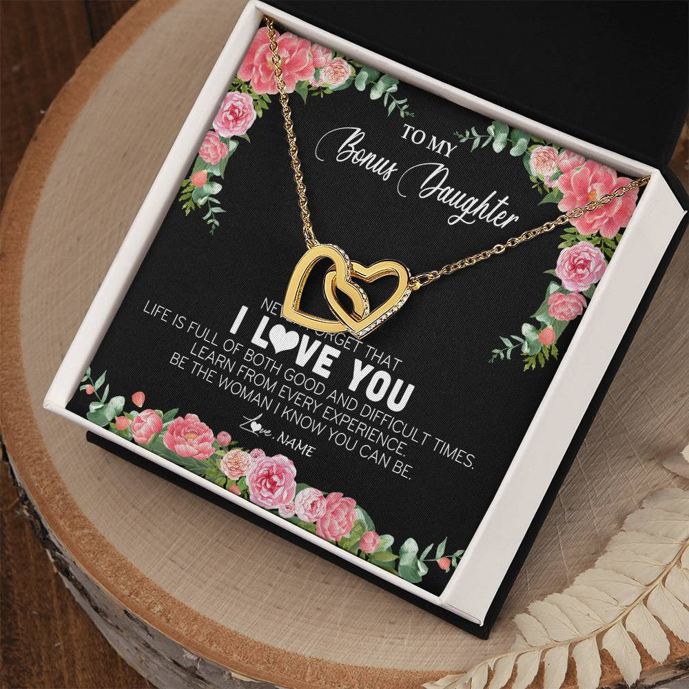 Interlocking Hearts Necklace 18K Yellow Gold Finish | Personalized To My Bonus Daughter Necklace from Stepmother Never Forget I Love You Floral Jewelry for Stepdaughter Birthday Christmas Customized Message Card | siriusteestore