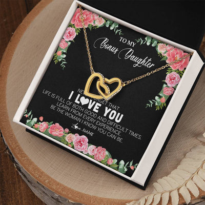 Interlocking Hearts Necklace 18K Yellow Gold Finish | Personalized To My Bonus Daughter Necklace from Stepmother Never Forget I Love You Floral Jewelry for Stepdaughter Birthday Christmas Customized Message Card | siriusteestore