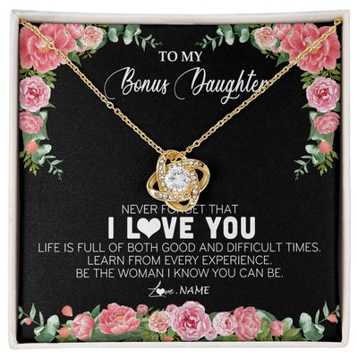 Love Knot Necklace 18K Yellow Gold Finish | Personalized To My Bonus Daughter Necklace from Stepmother Never Forget I Love You Floral Jewelry for Stepdaughter Birthday Christmas Customized Message Card | siriusteestore