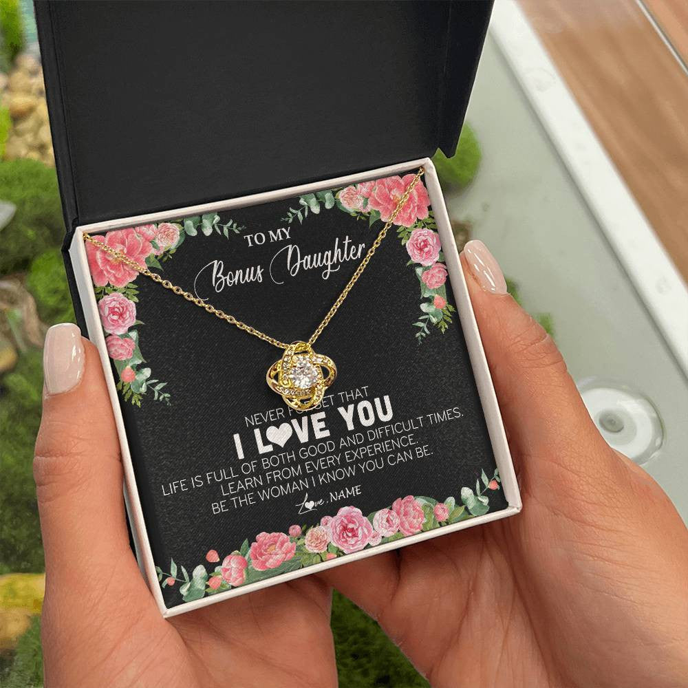 Love Knot Necklace 18K Yellow Gold Finish | Personalized To My Bonus Daughter Necklace from Stepmother Never Forget I Love You Floral Jewelry for Stepdaughter Birthday Christmas Customized Message Card | siriusteestore