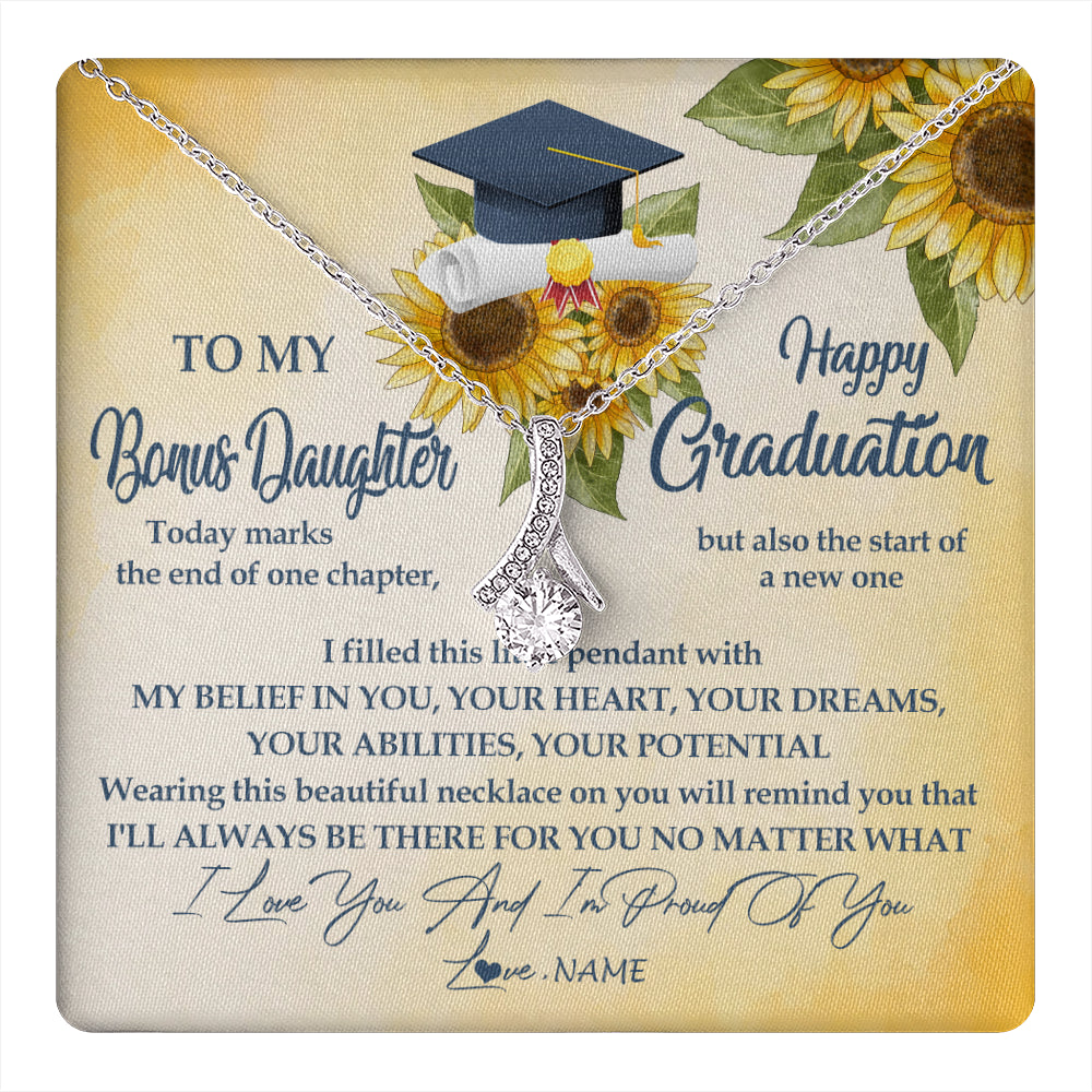 Alluring Beauty Necklace 14K White Gold Finish | 1 | Personalized To My Bonus Daughter On Her Graduation Day Necklace Flower I Love You I'm Proud Of You Class of 2024 Daughter Jewelry Customized Gift Box Message Card | siriusteestore
