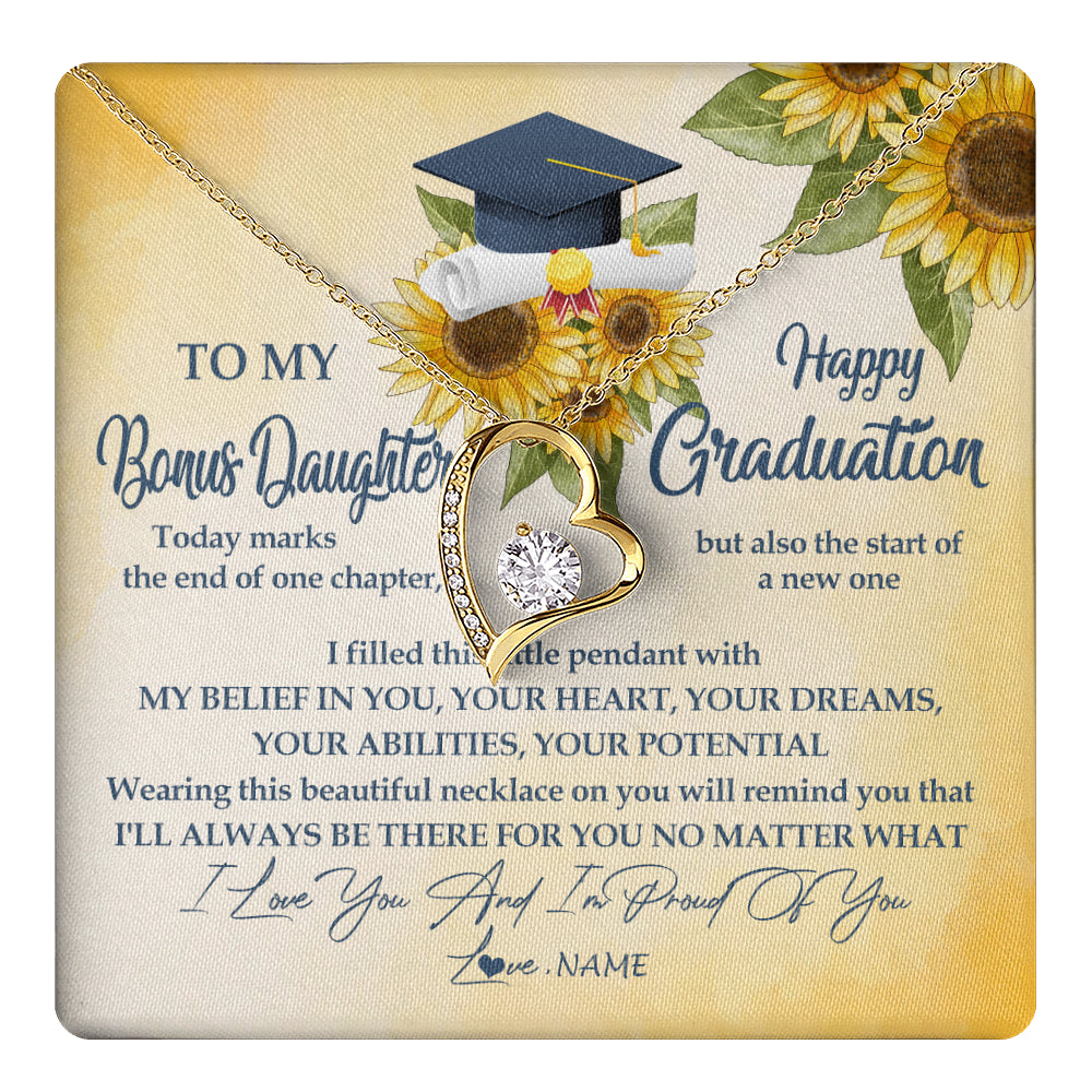 Forever Love Necklace 18K Yellow Gold Finish | 1 | Personalized To My Bonus Daughter On Her Graduation Day Necklace Flower I Love You I'm Proud Of You Class of 2024 Daughter Jewelry Customized Gift Box Message Card | siriusteestore