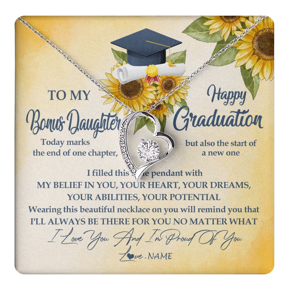 Forever Love Necklace 14K White Gold Finish | 1 | Personalized To My Bonus Daughter On Her Graduation Day Necklace Flower I Love You I'm Proud Of You Class of 2024 Daughter Jewelry Customized Gift Box Message Card | siriusteestore