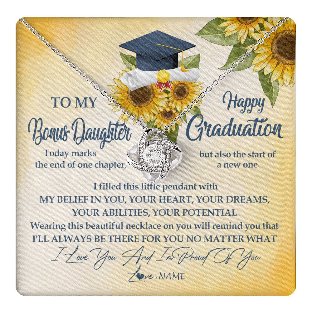 Love Knot Necklace 14K White Gold Finish | 1 | Personalized To My Bonus Daughter On Her Graduation Day Necklace Flower I Love You I'm Proud Of You Class of 2024 Daughter Jewelry Customized Gift Box Message Card | siriusteestore