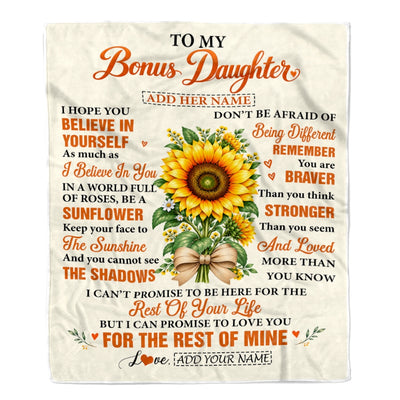 Personalized To My Bonus Daughter Sunflower From Step Mom Stepdad Blanket Inspirational Birthday Idea Stepdaughter Gift Graduation Christmas Fleece Blanket | siriusteestore