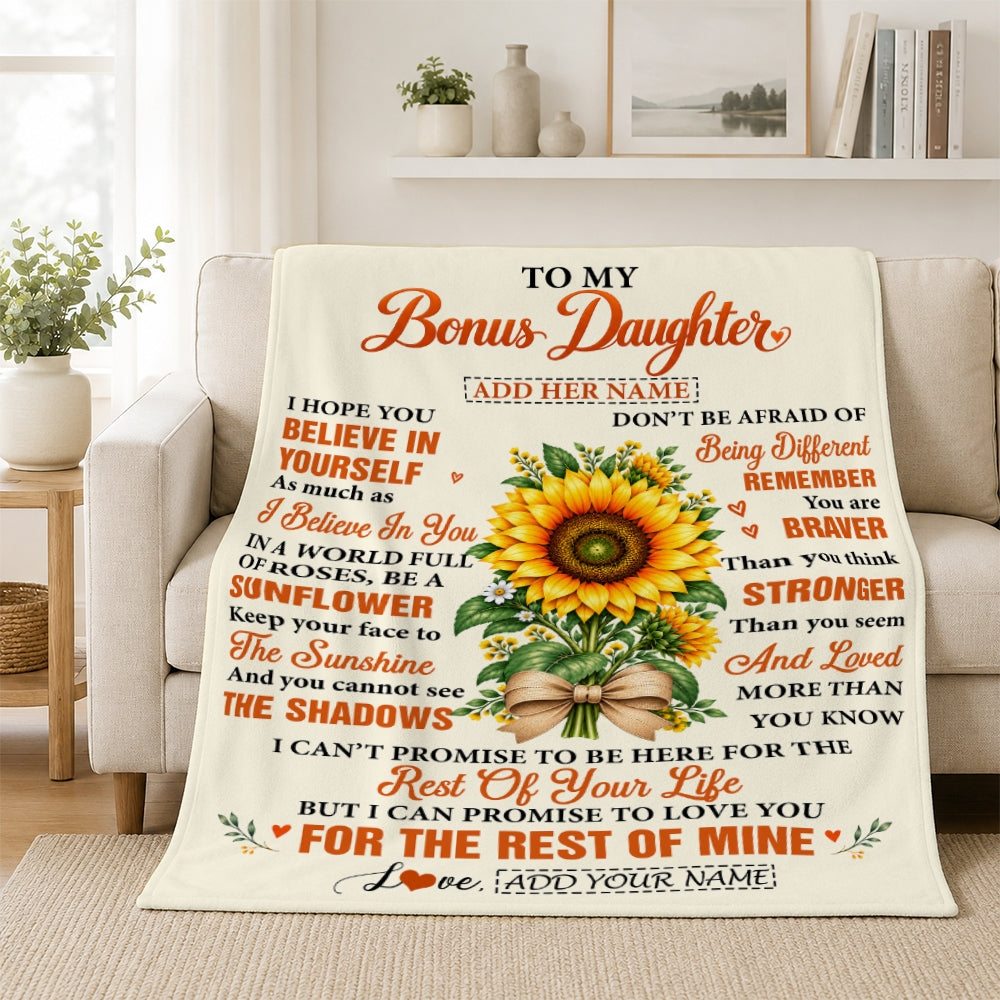 Personalized To My Bonus Daughter Sunflower From Step Mom Stepdad Blanket Inspirational Birthday Idea Stepdaughter Gift Graduation Christmas Fleece Blanket | siriusteestore