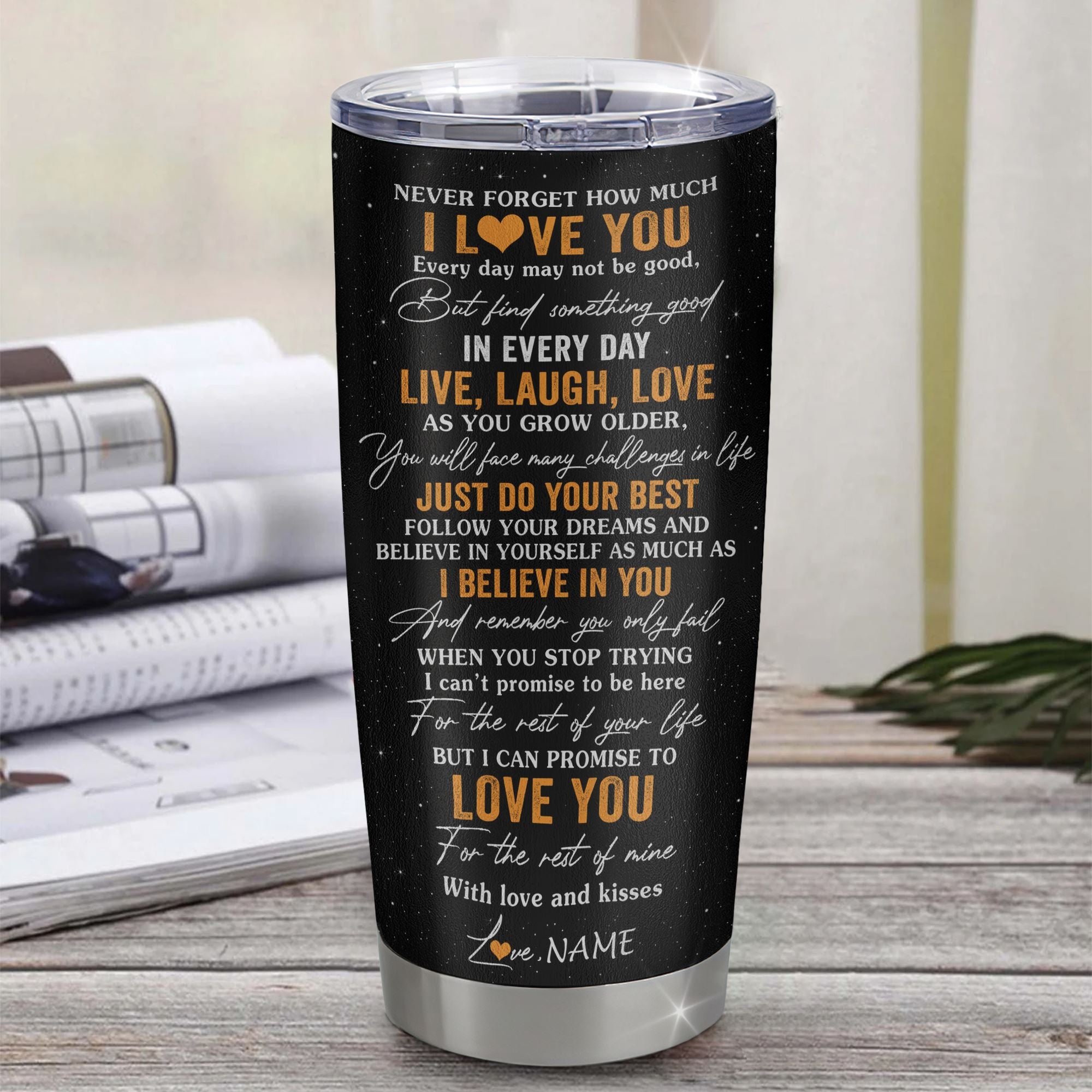 Personalized To My Bonus Daughter Tumbler From Stepdad Live Laugh Love Lion Stepdaughter Birthday Gifts Positive Graduation Christmas Custom Travel Mug | siriusteestore