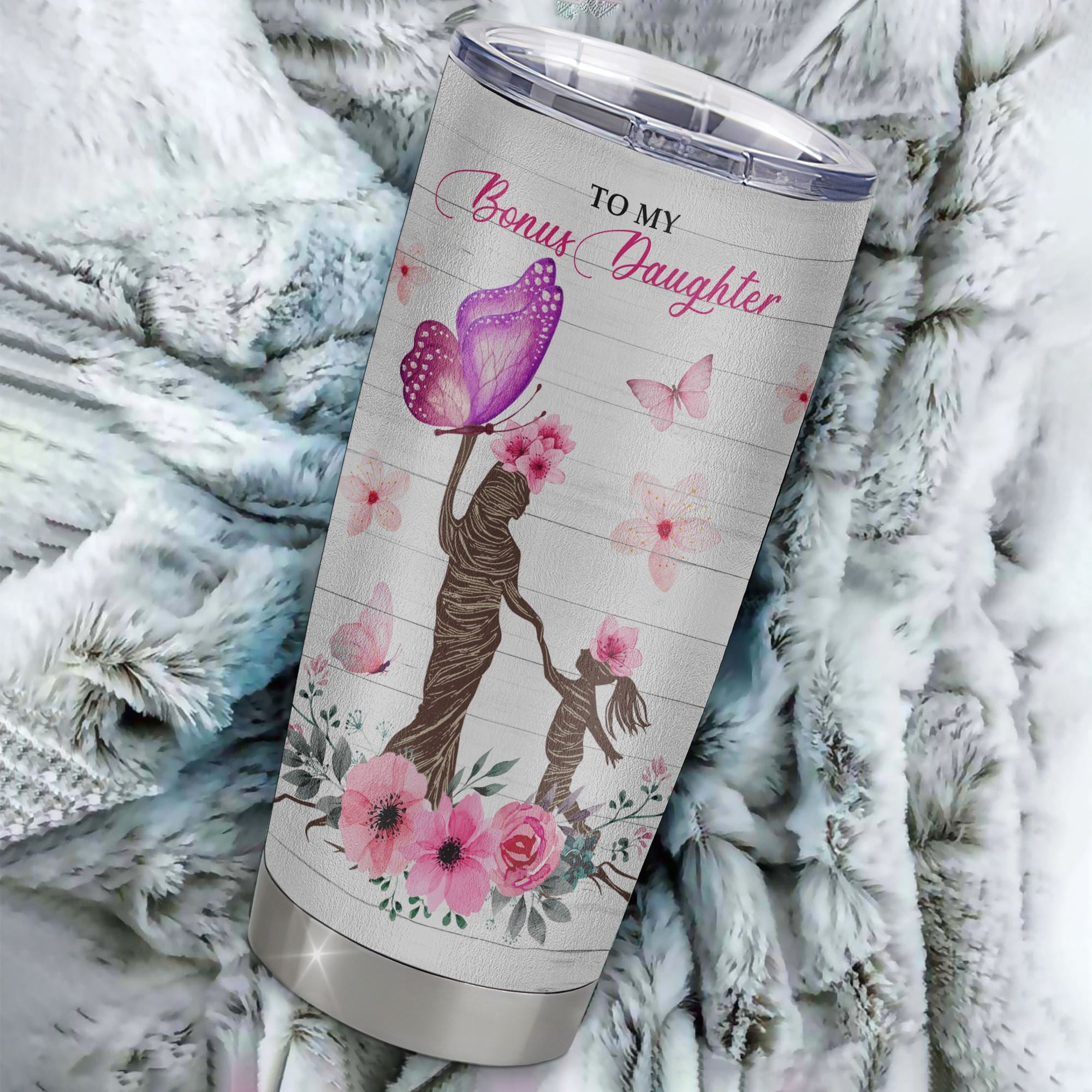 Personalized To My Bonus Daughter Tumbler From Stepmom Stainless Steel Cup Wherever Your Journey Tree Butterfly Stepdaughter Birthday Christmas Travel Mug | siriusteestore