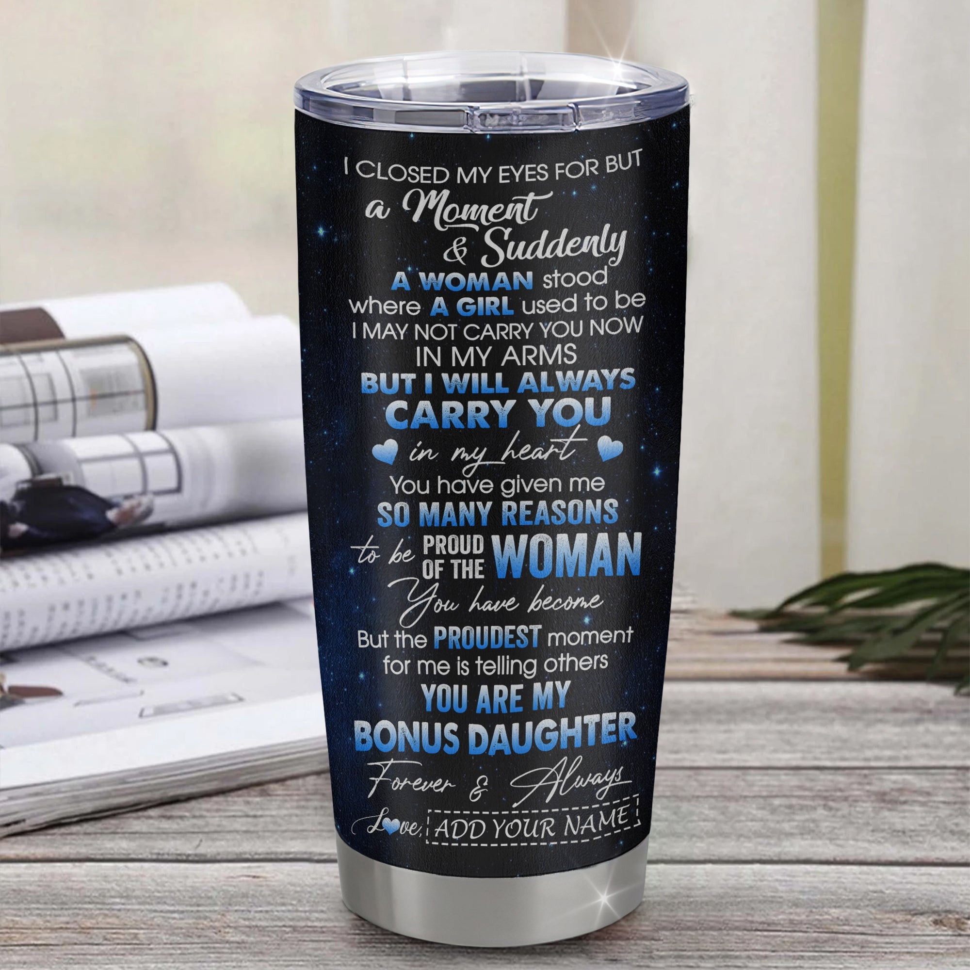 Personalized To My Bonus Daughter Tumbler From Stepmother Dad I Close My Eyes White Tiger Stepdaughter Birthday Gifts Graduation Christmas Unique Stainless Mug | siriusteestore