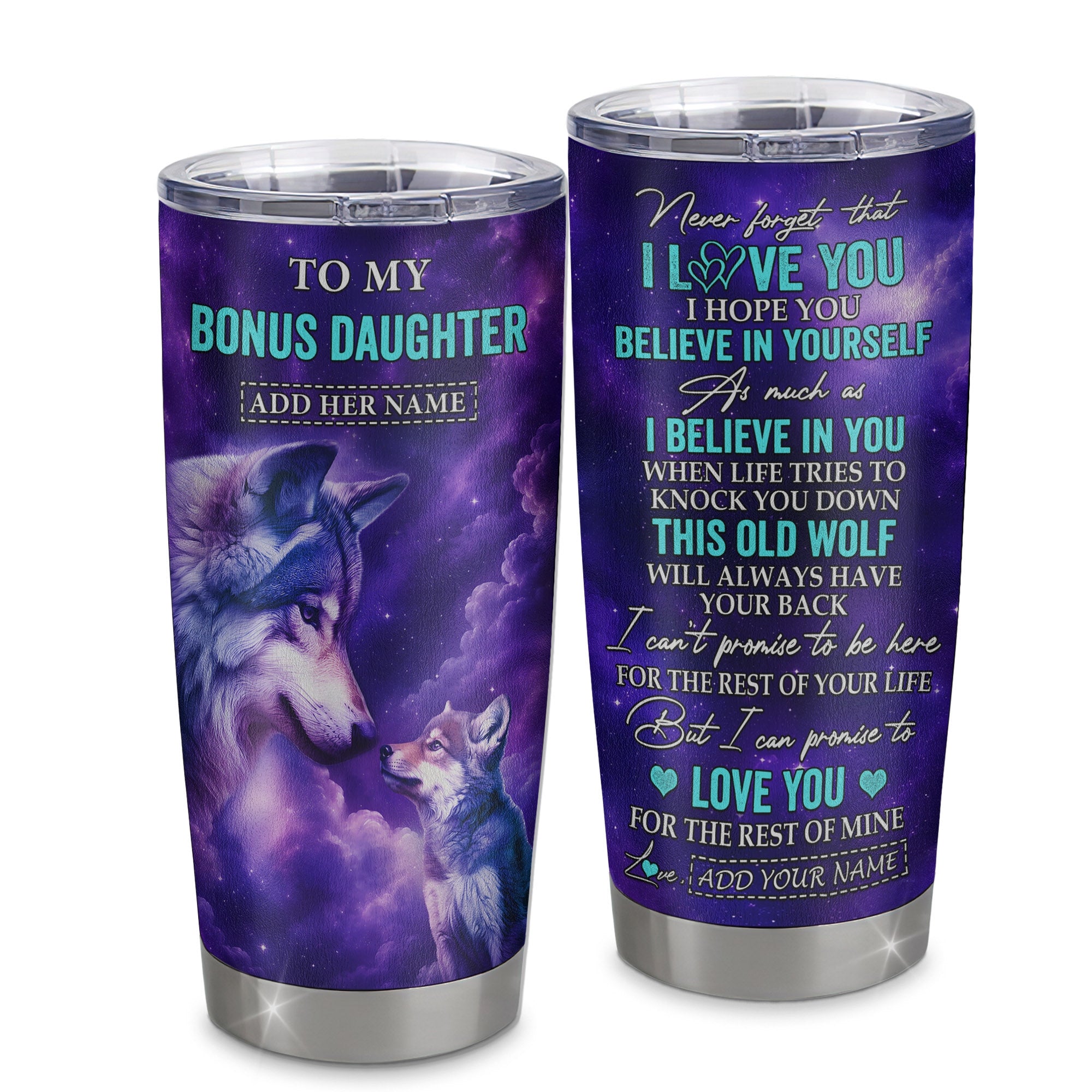 Personalized To My Bonus Daughter Tumbler From Stepmother Dad Wolf Never Forget I Love You Stepdaughter Birthday Gifts Christmas Custom Stainless Steel Travel Mug | siriusteestore
