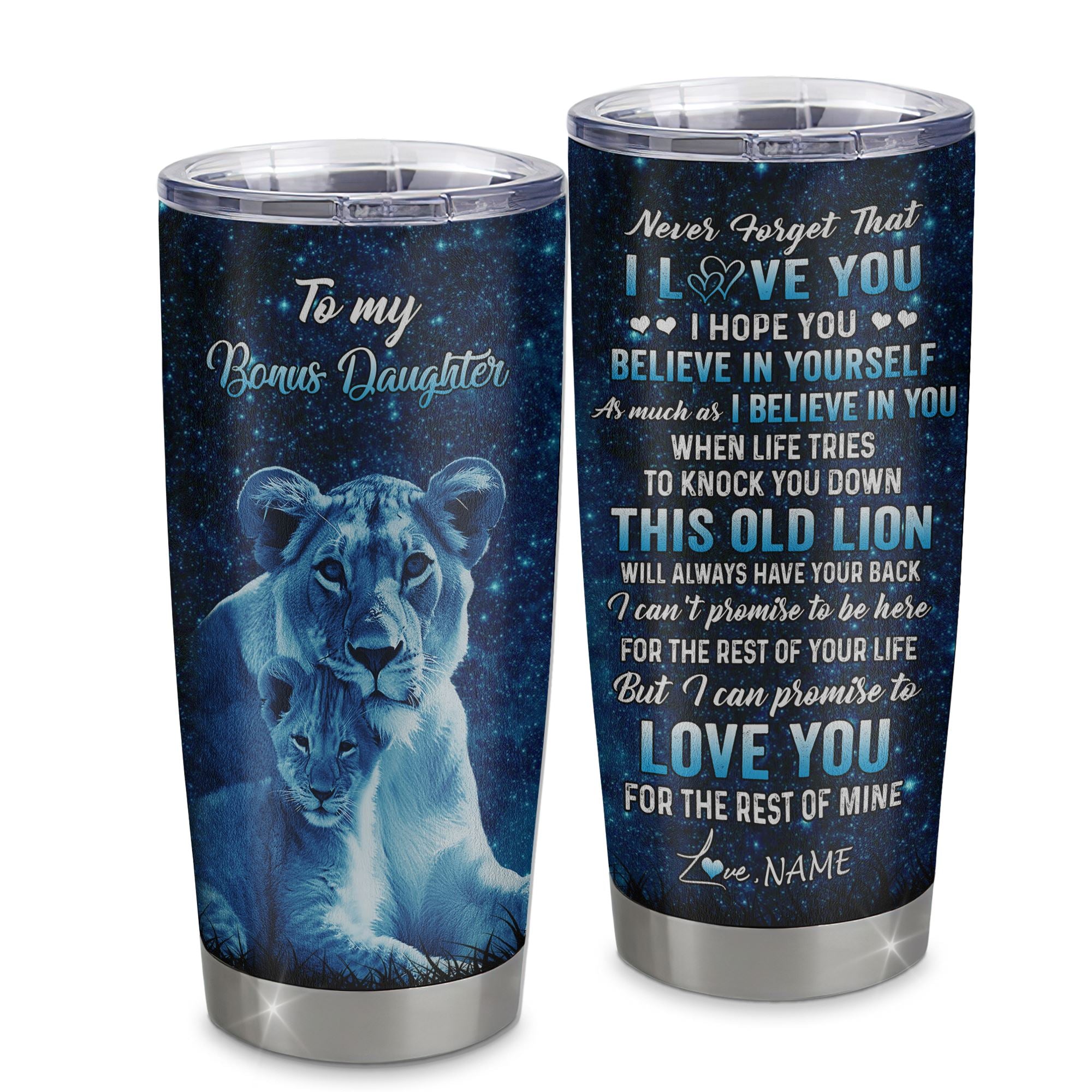 Personalized To My Bonus Daughter Tumbler From Stepmother Stainless Steel Cup This Old Lion Love You Stepdaughter Birthday Graduation Christmas Travel Mug | siriusteestore