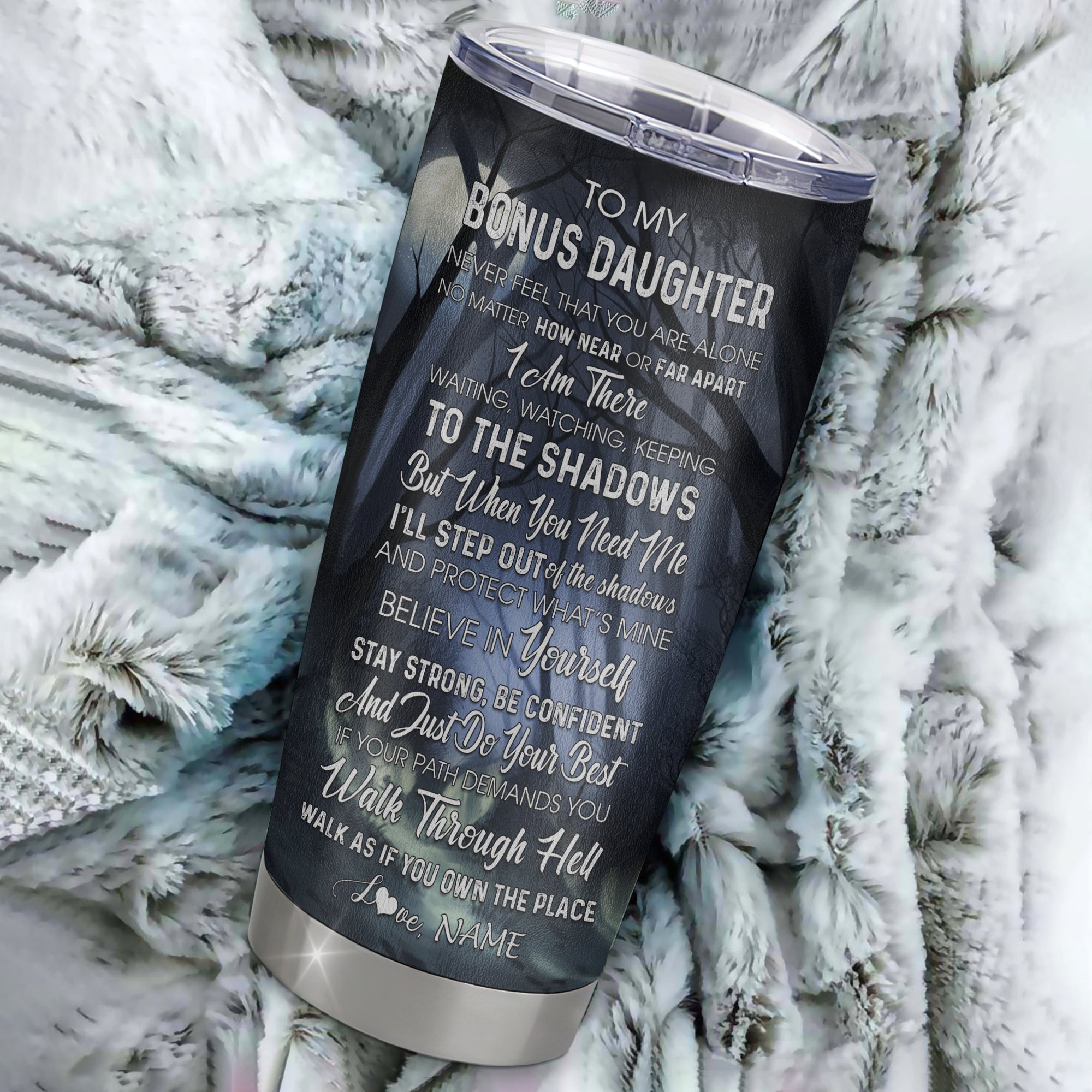 Personalized To My Bonus Daughter Tumbler From Stepmother Stepdad Stainless Steel Cup Never Feel You Are Alone Wolf Stepdaughter Birthday Christmas Travel Mug | siriusteestore