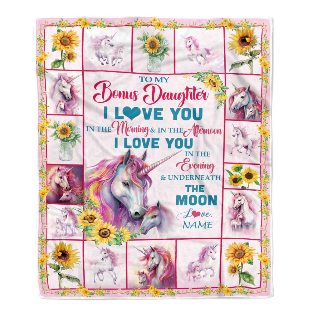 Personalized To My Bonus Daughter Unicorn Blanket From Step Mom Mother Never Forget I Love You Stepdaughter Birthday Christmas Customized Bed Fleece Blanket | siriusteestore