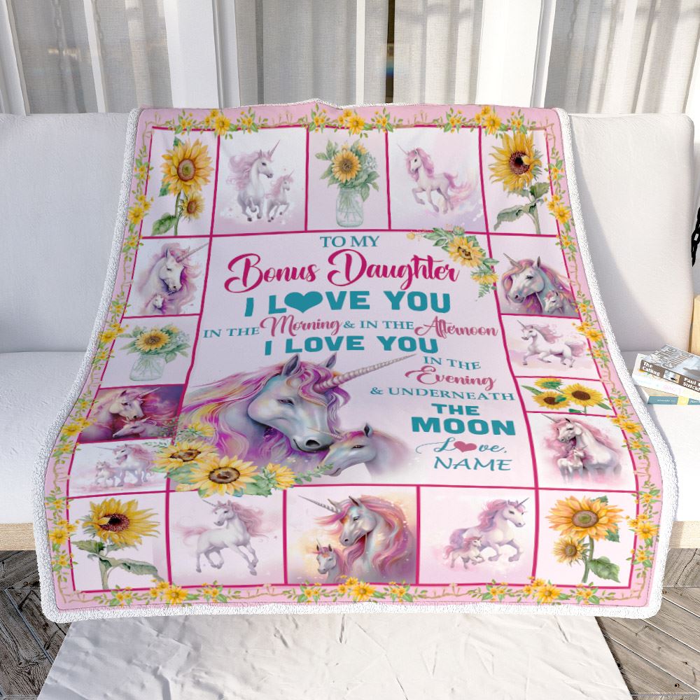 Personalized To My Bonus Daughter Unicorn Blanket From Step Mom Mother Never Forget I Love You Stepdaughter Birthday Christmas Customized Bed Fleece Blanket | siriusteestore